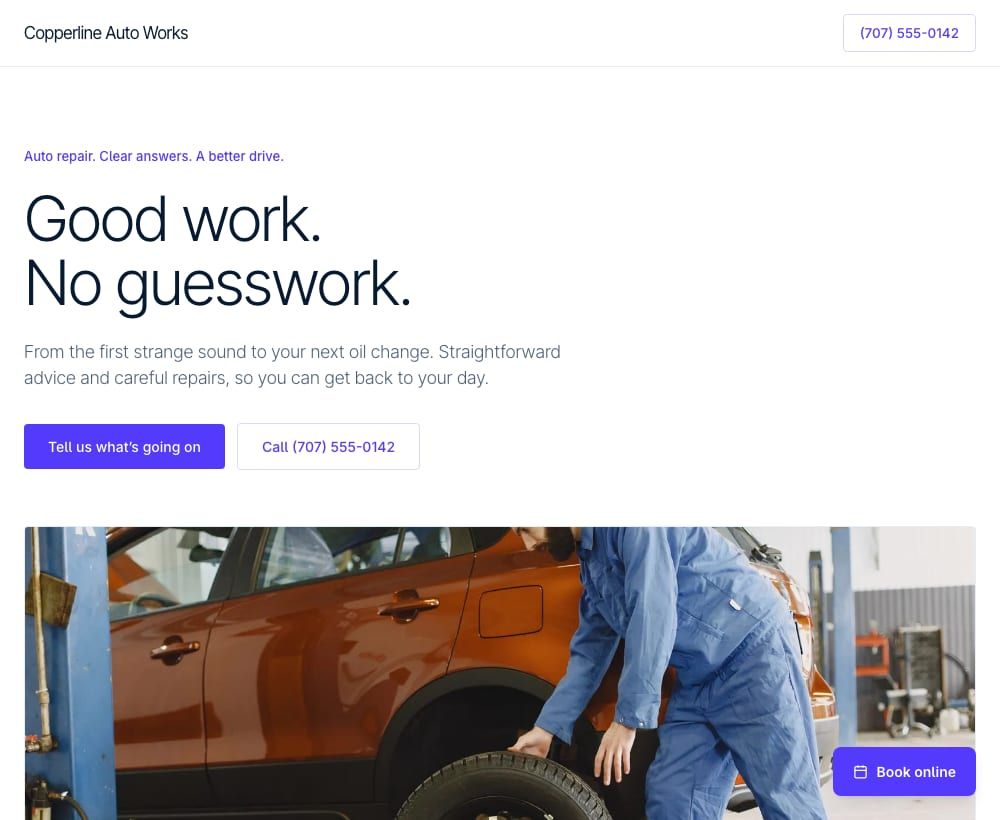 Atlas example website for fictional Copperline Auto Works, with a clear headline, a photo of the shop, and a book-online button